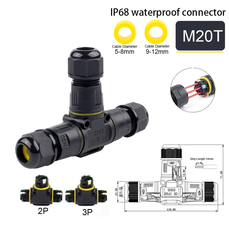 IP68 Waterproof Connector T-Type Wire and Cable Quick Push Coupling M20T 2/3Core Outdoor Street Lamp Rainproof Terminal Block