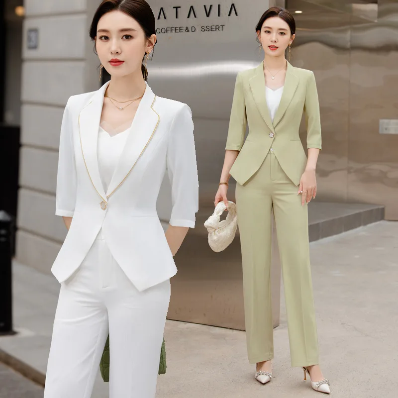 Thin White Small Suit2024New High-End Fashion Waist Trimming Slimming Small Mid-Sleeve Wide-Leg Pants Business Wear