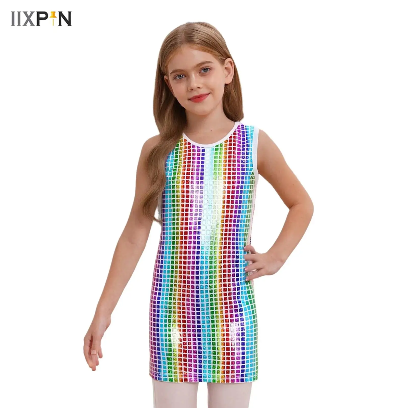 

Kids Girls Shiny Metallic Plaid Jazz Dance Dress Round Neck Sleeveless Tank Dress Ballroom Retro Disco Stage Performance Costume
