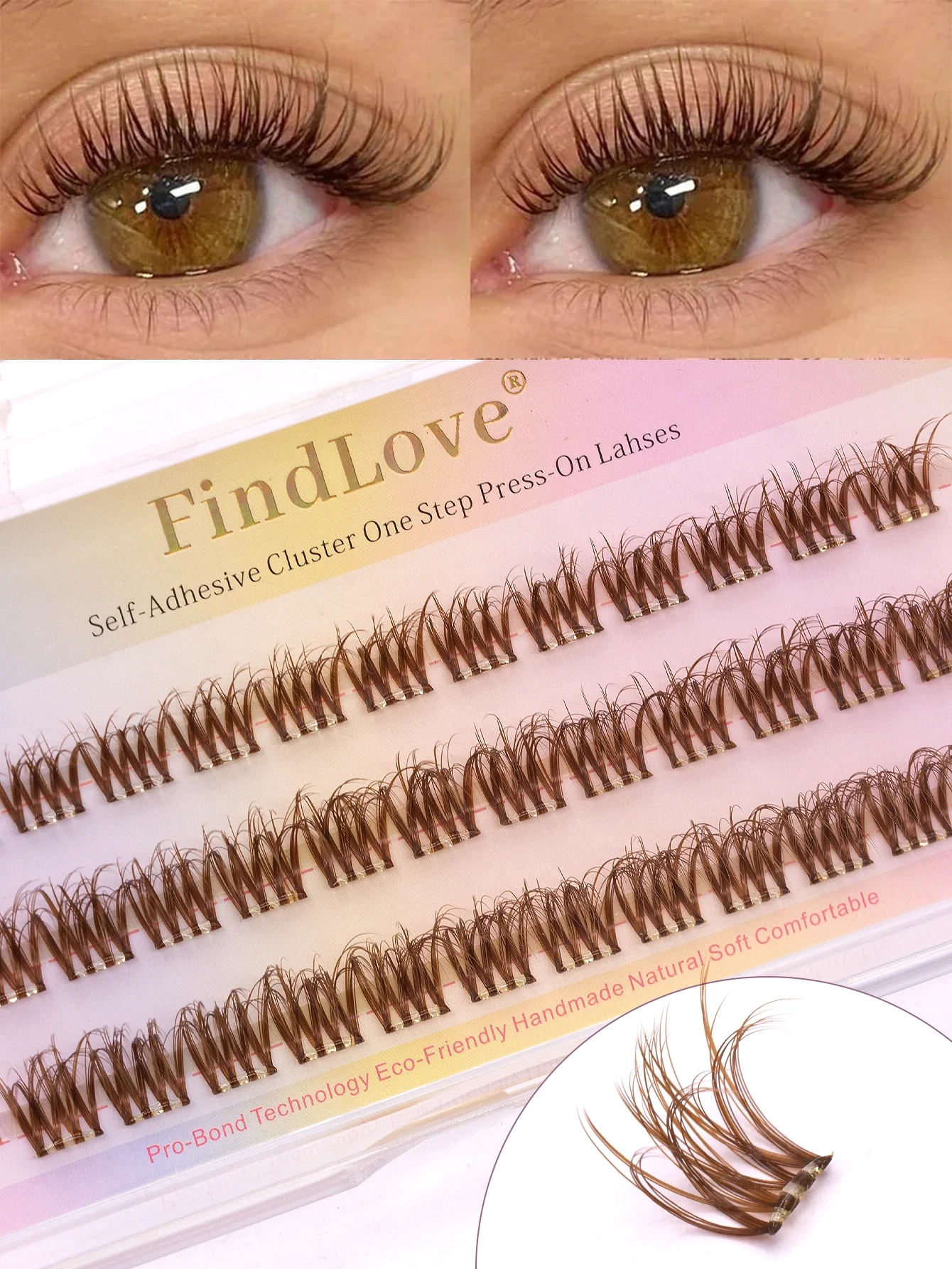 36 Stück braune Press-On-Wimpern-Cluster, natürliche Wimpern-Cluster mit Kleber, kein Kleber erforderlich, Manga-Wimpern, unsichtbares Band – Detail 2