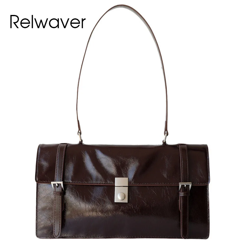 Relwaver women shoulder bag waxy genuine cow leather bags 2025 spring summer accordion side flap fashion big handbags