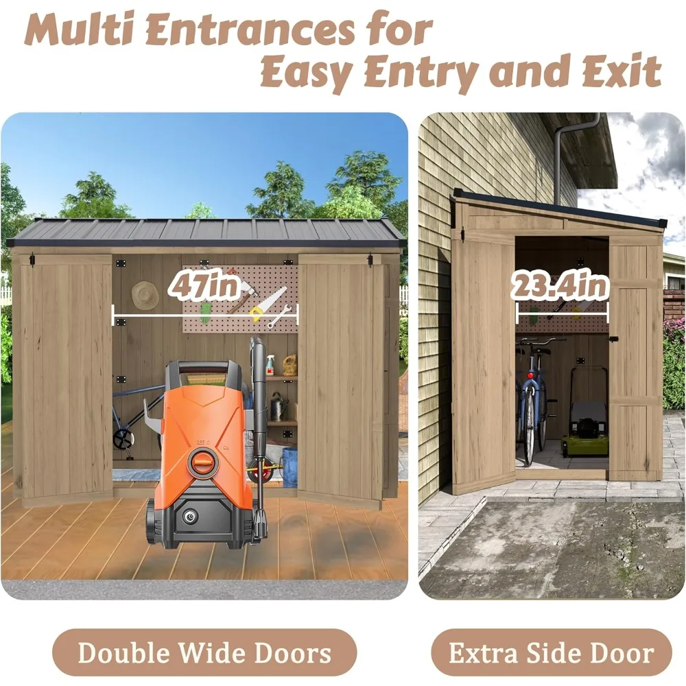 سقيفة تخزين خشبية خارجية مقاس 4 × 8 أقدام، مجموعة أدوات الحديقة مع 3 أبواب قابلة للقفل، صفعة معدنية مقاومة للماء #6
