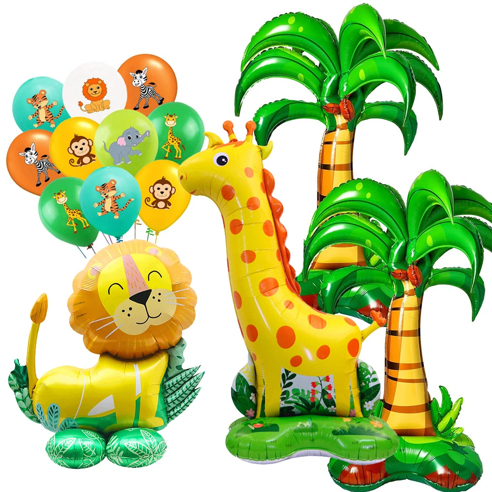 بالون شجرة جوز الهند العملاق على شكل حيوان سفاري يقف على شكل أسد وزرافة من رقائق الغابة لتزيين حفلات أعياد الميلاد الاستوائية