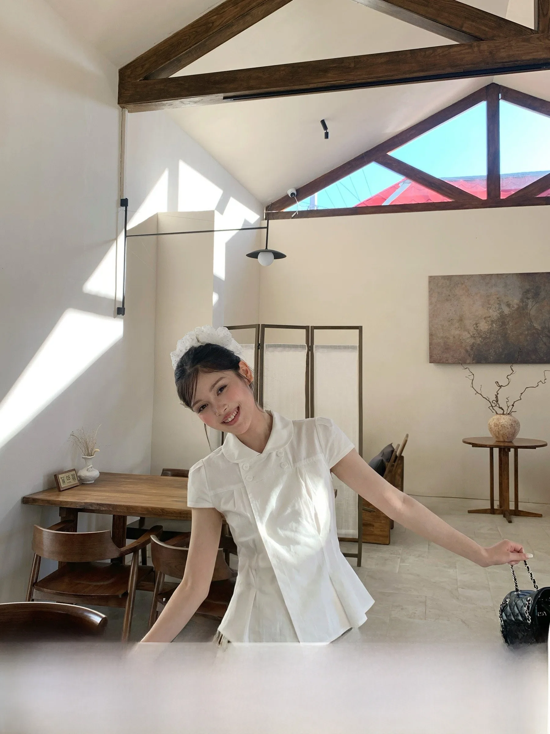 

White Doll Collar Short Sleeve Shirt Women's Slim Fit Cotton Sweet Style Fashionable Waist Cinching Summer Shirt Top