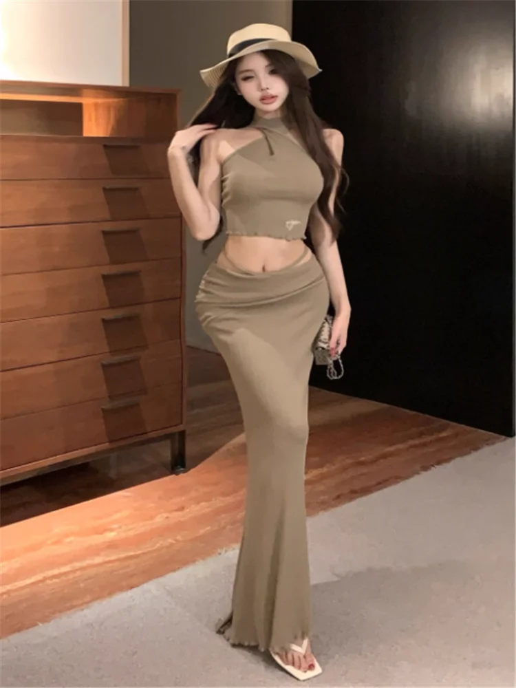 Conjuntos de dos piezas de punto ajustados para chica picante, camisola corta ajustada con cordones en la espalda, Top y falda larga de tubo de cintura baja