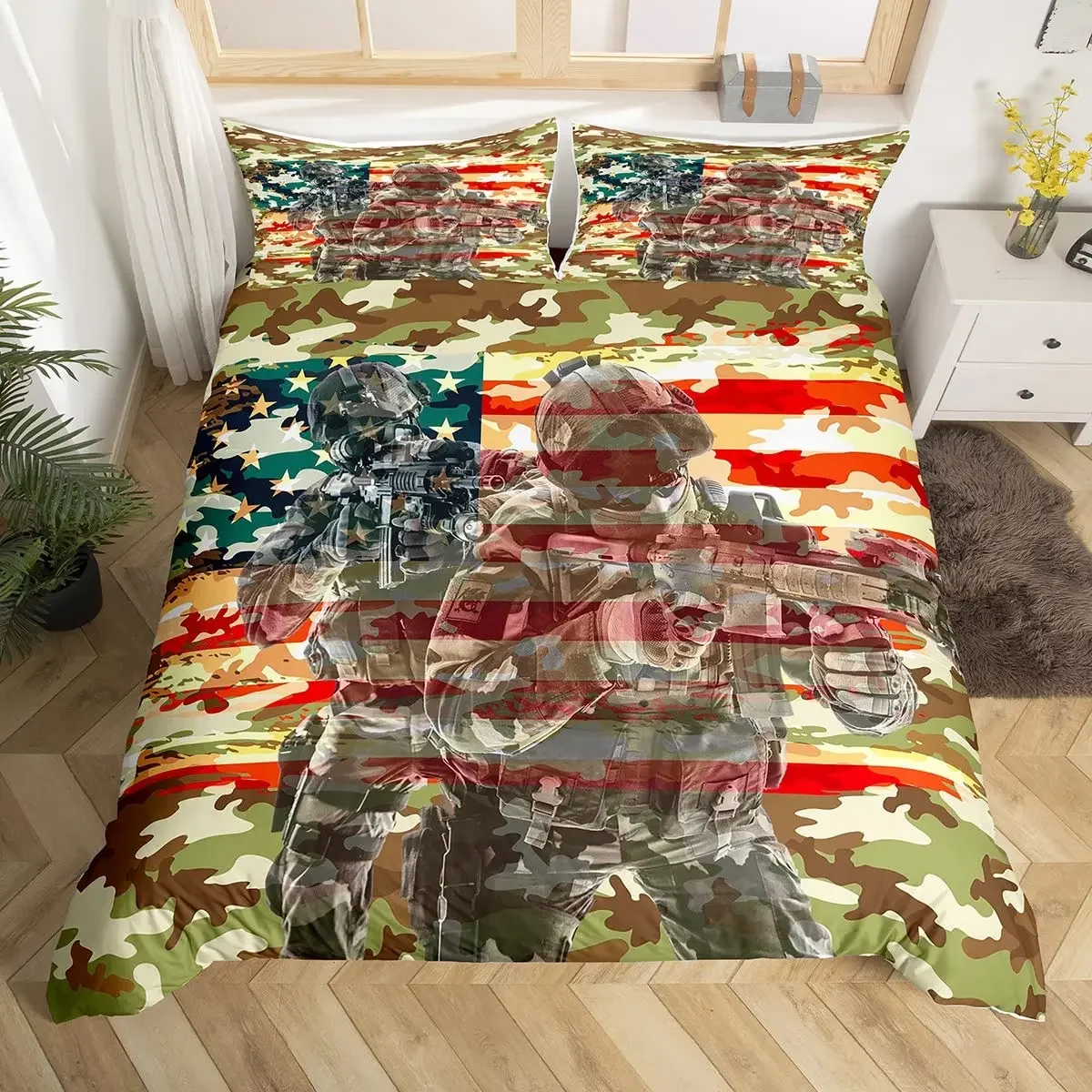 Boys Army Green Duvet Cover Set Full King Size,Classic Camouflage Bedding Set,USA Soldier Silhouette Comforter Cover Quilt Cover