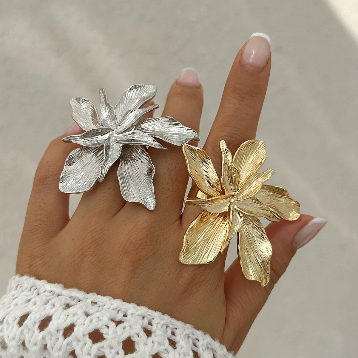 IngeSight.Z Exaggerated Bilayer Big Flower Ring for Women 2024 Personality Metal Punk Party Finger Ring Jewelry Accessories