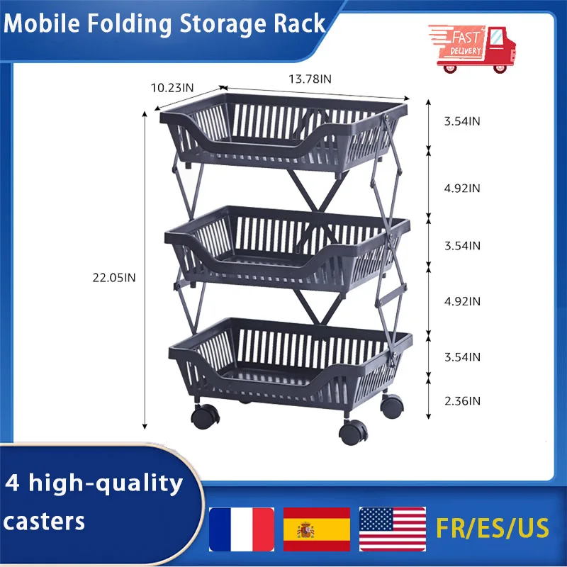 Mobile Folding Storage Rack, Floor Basket, Kitchen Organizer, Living Room Organization, Vegetable and Fruit Storage