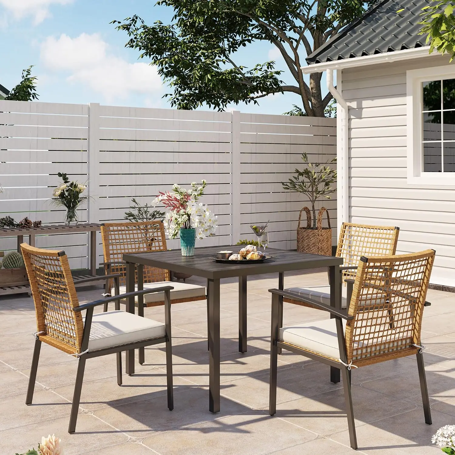 5 Piece Outdoor Wicker Dining Set, 4 Cushioned Chairs & Square Table with Umbrella Hole, Backyard Garden Poolside, Customized
