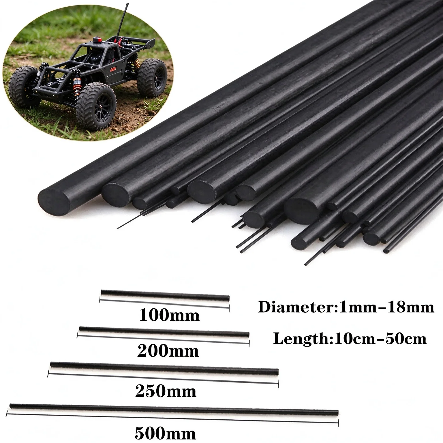 1/5/10pc Carbon Fiber Round Rod D:1-18mm(L:100/200/250/500mm) High Strength Light Weight DIY Composite Accessory for RC Airplane