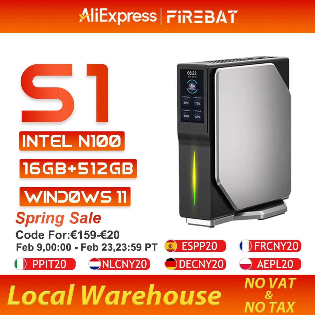 FIREBAT S1 Mini PC Windows 11 Intel Alder Lake N100 DDR4 16GB RAM 512GB SSD BT4.2 Dual HDMI Komputer Stacjonarny Smart Screen