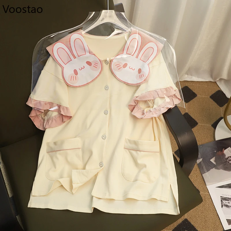 Sweet Lolita Princess Pajamas 2 Piece Sets Summer Women Cute Bunny Short Sleeve Tops Shorts Rabbit Sleepwear Female Chic Pyjamas