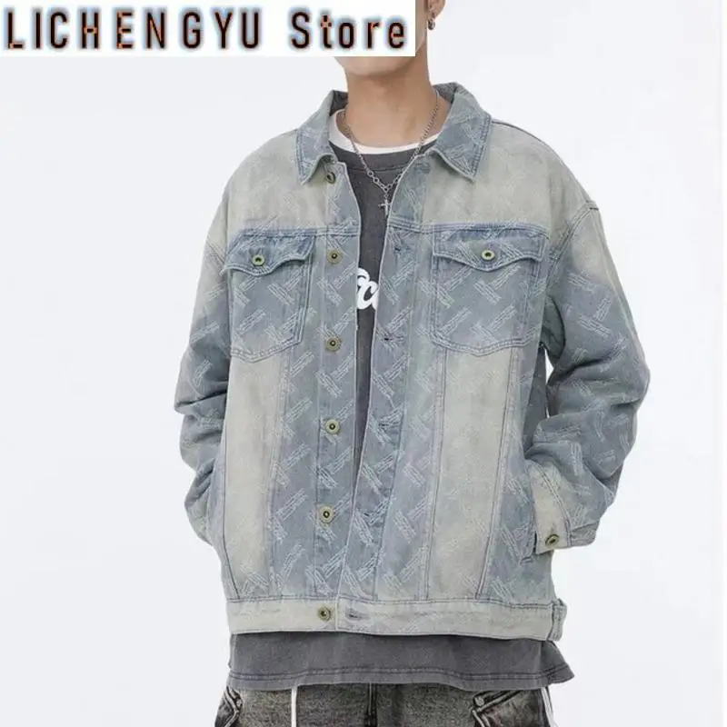 Men's Fashion Vibe Style Hip Hop Jean Jacket Loose Fit Style Texture Denim Coat Jacquard Weave Design Vintage Jean Outerwear