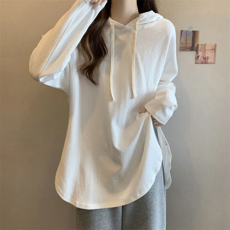 Women Hooded Long Sleeve T Shirt Curved Hem Loose Hide Belly Casual Basic Top For Spring Autumn
