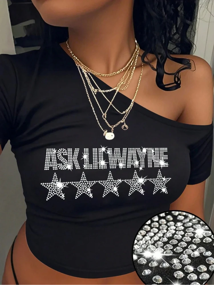 

Y2K Streetwear Fashion Abi Hot Stamping Punk Short Sleeved Women's Top Gothic Slim Slanted Shoulder Exposed Navel Short T-shirts
