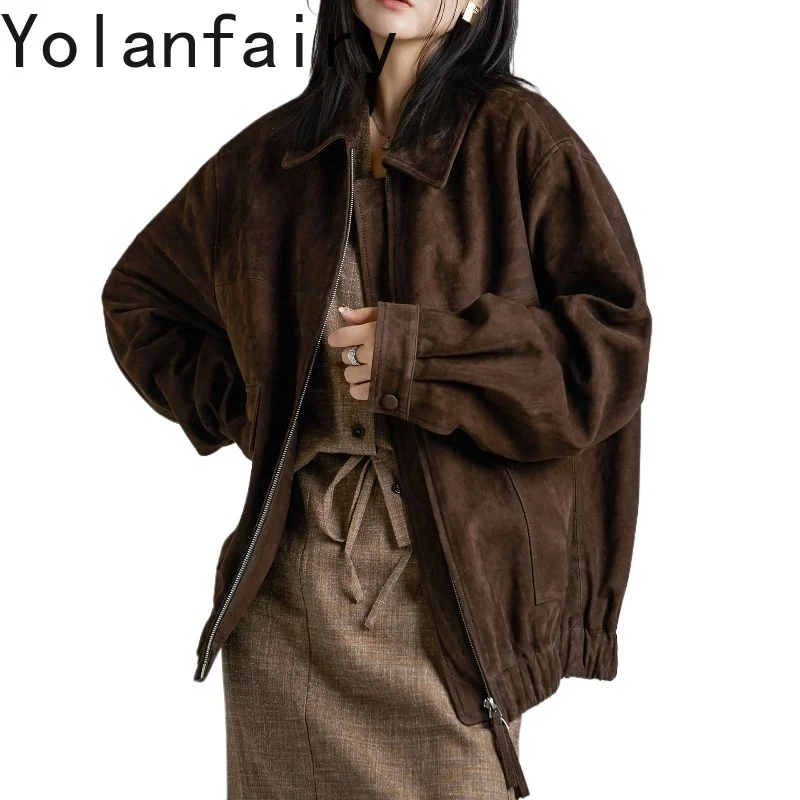 YOLANFAIRY Luxury 2026 Autumn Winter Women Genuine Sheepskin Suede Jacket Casual Real Leather Cropped Coat Leather Outerwear