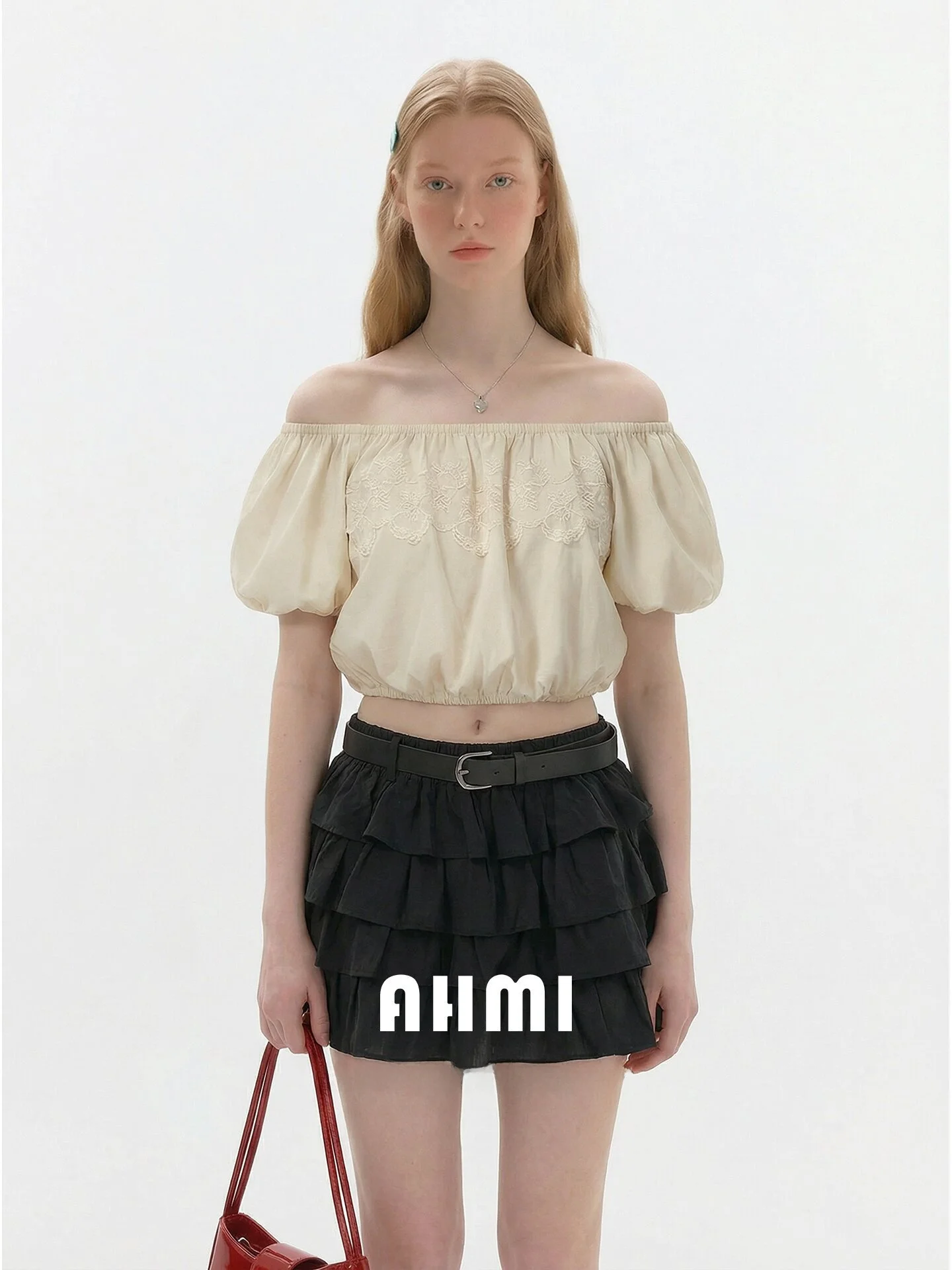 

Женский топ AHMI в парижском стиле с вышивкой и цветочным мотивом, на одно плечо, фасон «Принцесса», летний, дышащий, с коротким рукавом