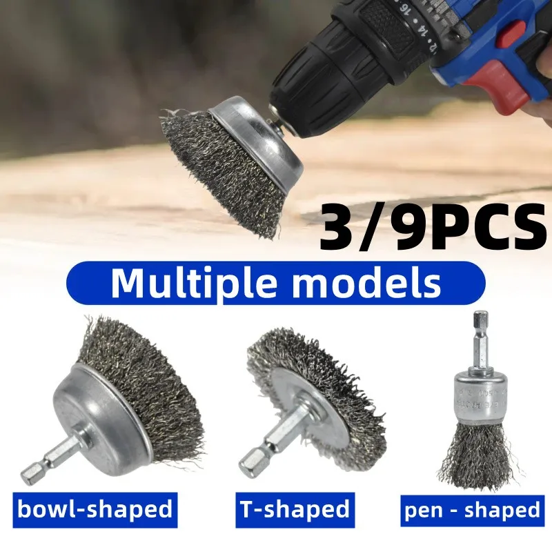 

3/9PCS Set Wire Brush Wheel Cup Brush Set for Drill Dremel Rotary Tool Wire Brush Abrasive Tool Brass Coated Polishing Tool