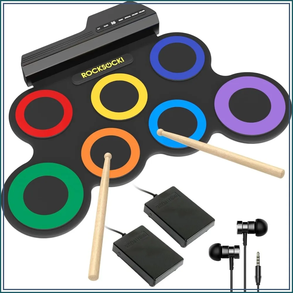 

7-Pad Electronic Drum Set for Kids, Roll-Up Practice Drum with Headphone, Gift for Ages 3-8