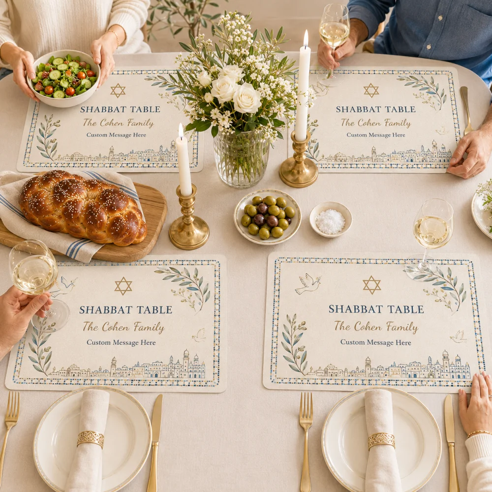 Custom Personalized Family Name Table Placemat Vintage Olive Branch Dove City Outline Print Linen Rectangular Dining Table Mat