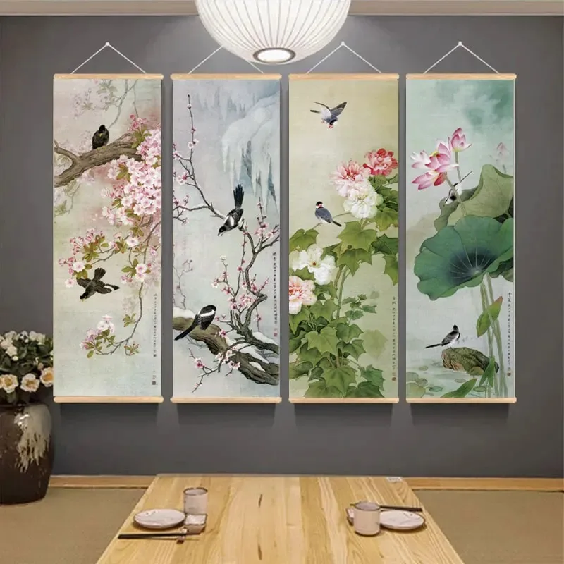 Chinese Flower and Bird Painting Scroll Mural - Vintage Ink and Wood Scroll Artworks for Home Decoration,Living Room, and Office