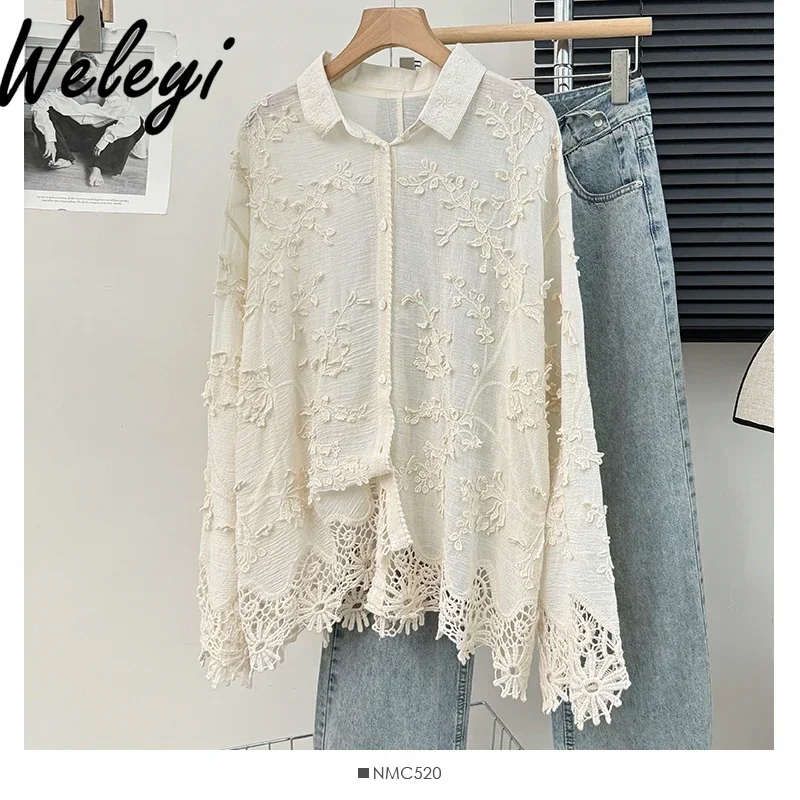 

Women's Embroidered Jacquard Beige Shirt Streetwear Spring and Autumn 2024 New Loose Gentle White Long Sleeve Lace Stitching Top