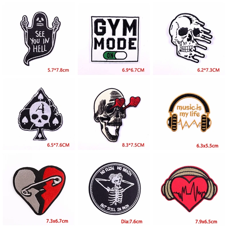 10PCS/lots Rock Style Embroidery Patch Punk Skull Patch Iron On Patches For Clothing Jackets Sewing Applique Letter Ironing DIY