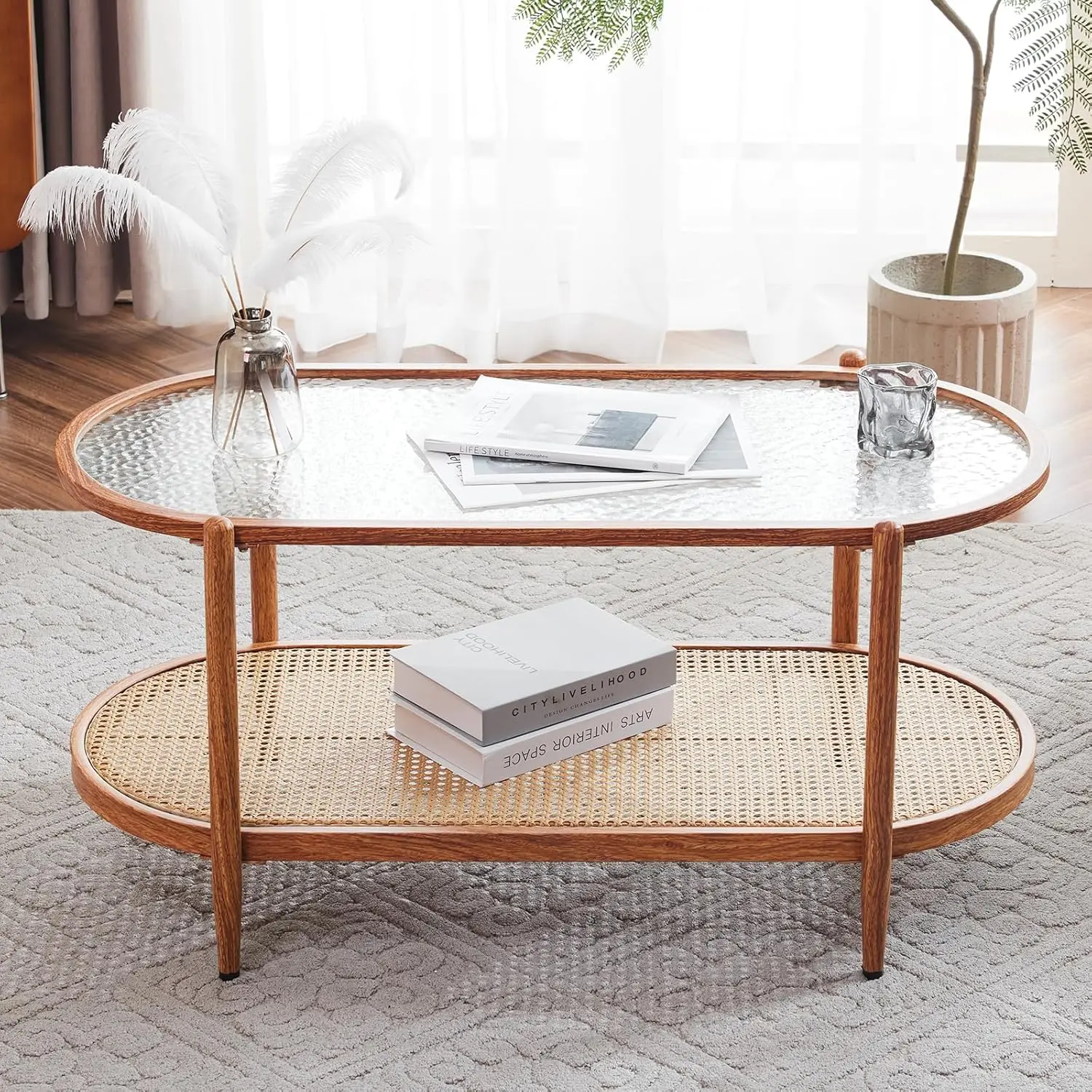 

38" Rattan Oval Coffee Table, Water-Wave Glass Metal Center Table, Modern Coffee Table with 2-Tier Storage, Farmhouse