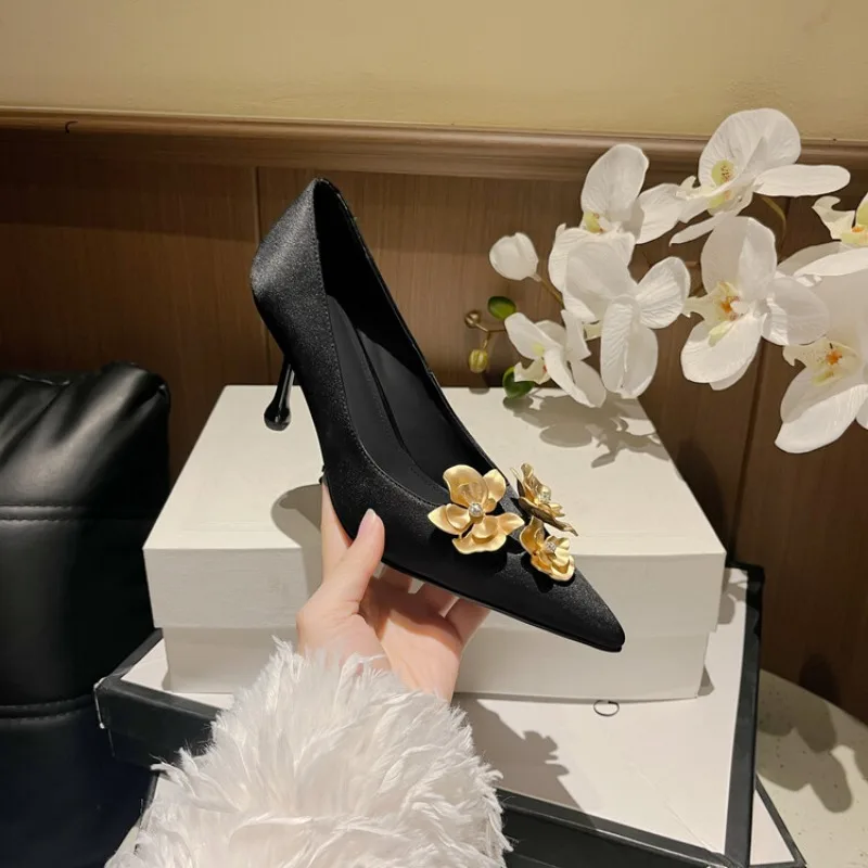 2024 Quality Black Satin 7.5cm/5.5cm Gold Flower Single Shoe Slim Heel Pointed Office Work Sheepskin Insole Women's Shoes 34-39