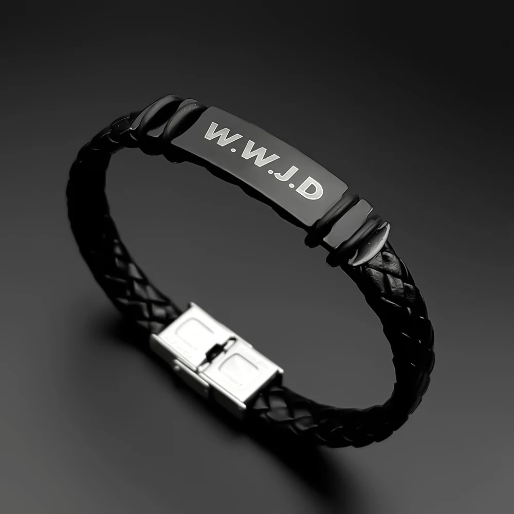 WWJD Armband aus PU-Leder für Männer, Glaubens-Punk-Armband für den Alltag und die Kirche, Schwarz, Was Würde Jesus Tun, Religiöses Amulett, Handschmuck-Accessoire – Detail 4