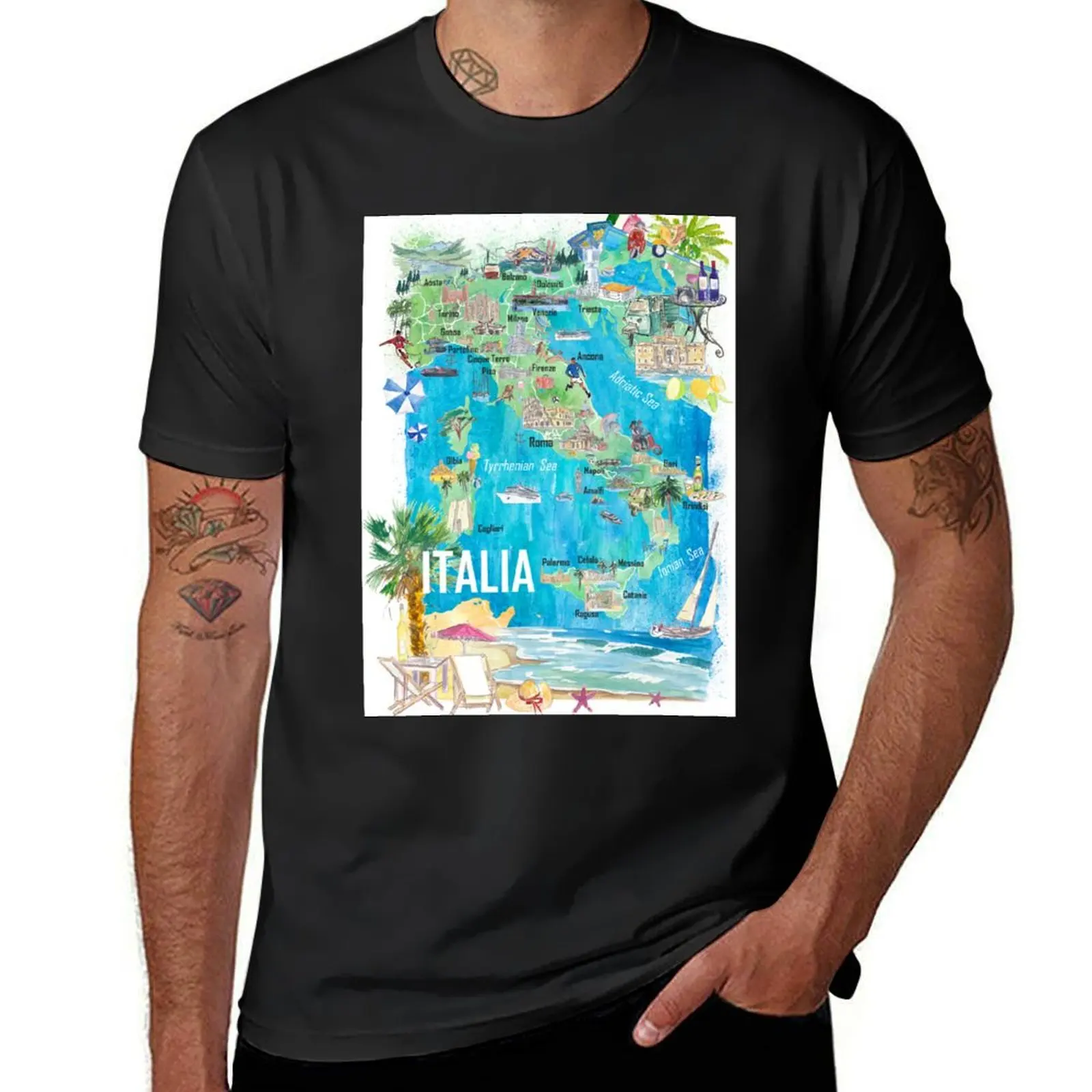 Italy Illustrated Travel Map Mediterranean Adriatic Sicily Sardegna with Roads and Tourist Highlights T-Shirt