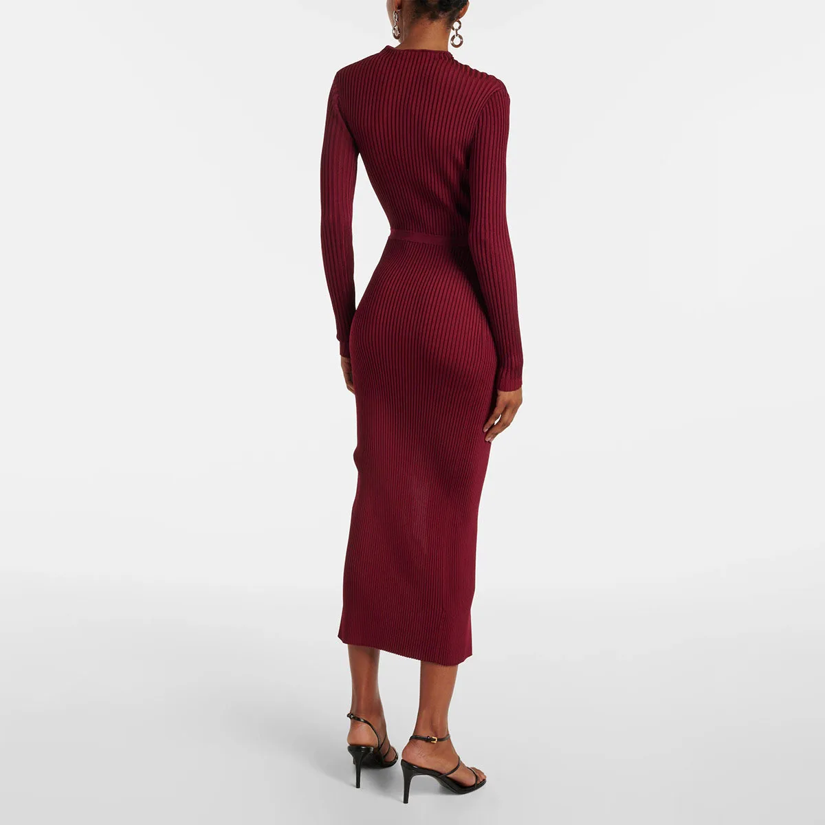 KWTX Solide Gespleißt Ausschnitt Stricken Midi Kleider für Frauen Rundhals Langarm Hohe Taille Abnehmen Temperament Kleid Weibliche