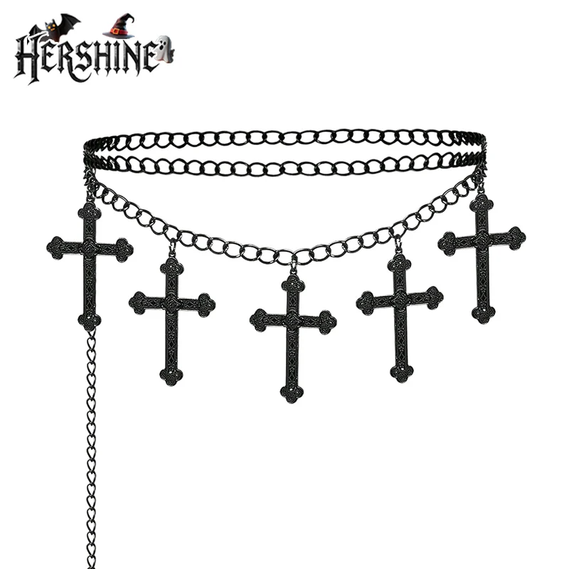 HERSHINE Women's Black Fashion Cross Double Layer Waist Chain, Y2K Gothic Retro Harajuku Punk Style Cosplay，spring，summer