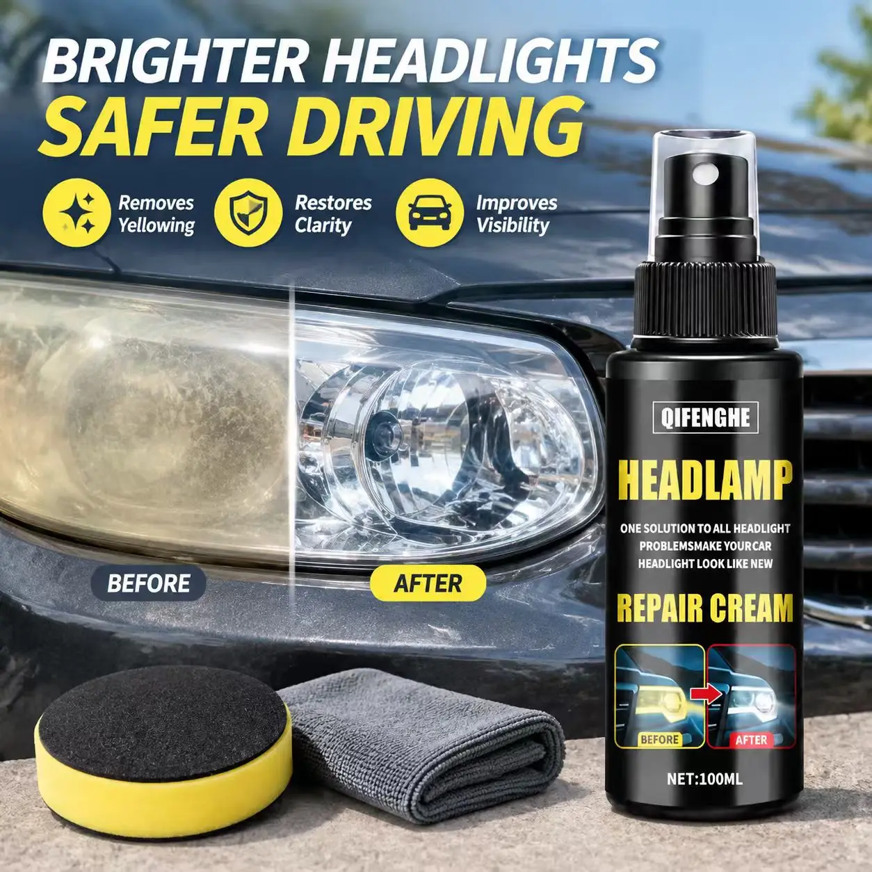 QIFENGHE 100ml Headlamp Repair Cream, Car Headlight Restoration Spray, Remove Yellowing Oxidation, Restore Headlight Brightness,