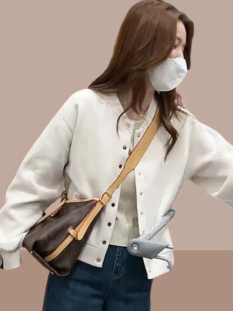 Women's Short Baseball Jacket Spring Autumn New Style Small Size Casual Popular Cardigan Top Button round Neck Outdoor Daily