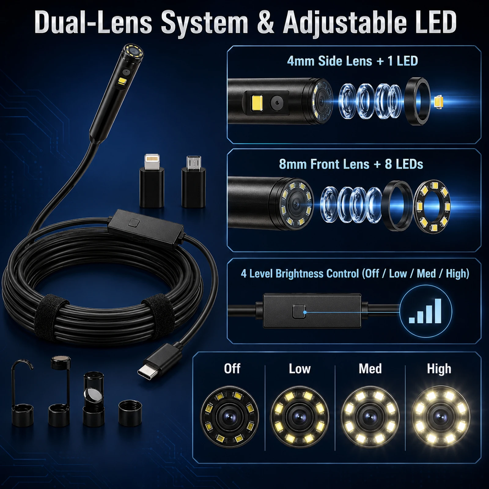 Dual Port Endoscope Camera For iPhone iOS Android 1920P HD 3-in-1 Borescope Waterproof Automotive Engine Sewer Inspection Tools