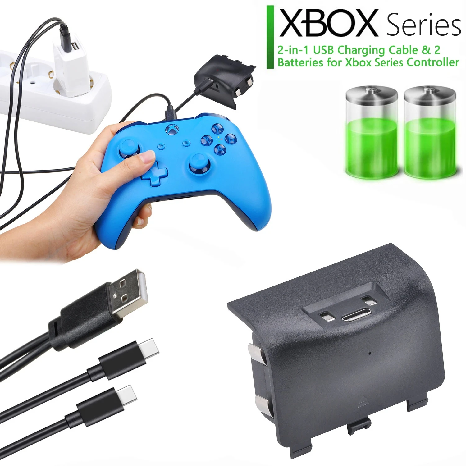 Paquete de baterías para Xbox Series X/S, paquete de 2 baterías para Xbox Series X, Xbox Series S con cable de carga 2 en 1 (no para Xbox one)