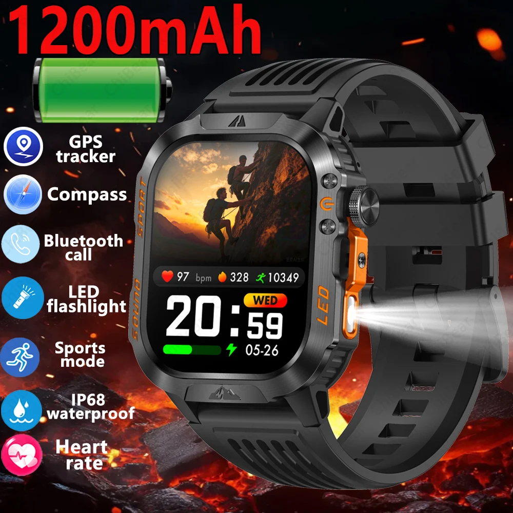 

Новые смарт-часы 2026 года с аккумулятором 1200 мАч, LED-фонариком, большим HD-экраном 2.1 дюйма, водонепроницаемостью IP68 для мужчин, для активного отдыха и спорта