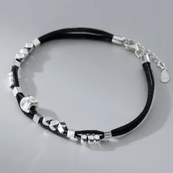 18+3cm Waterproof Wax Rope 925 Silver Bracelets Women Silver Bead Black Thread Line String Bracelets For Women Cold Style