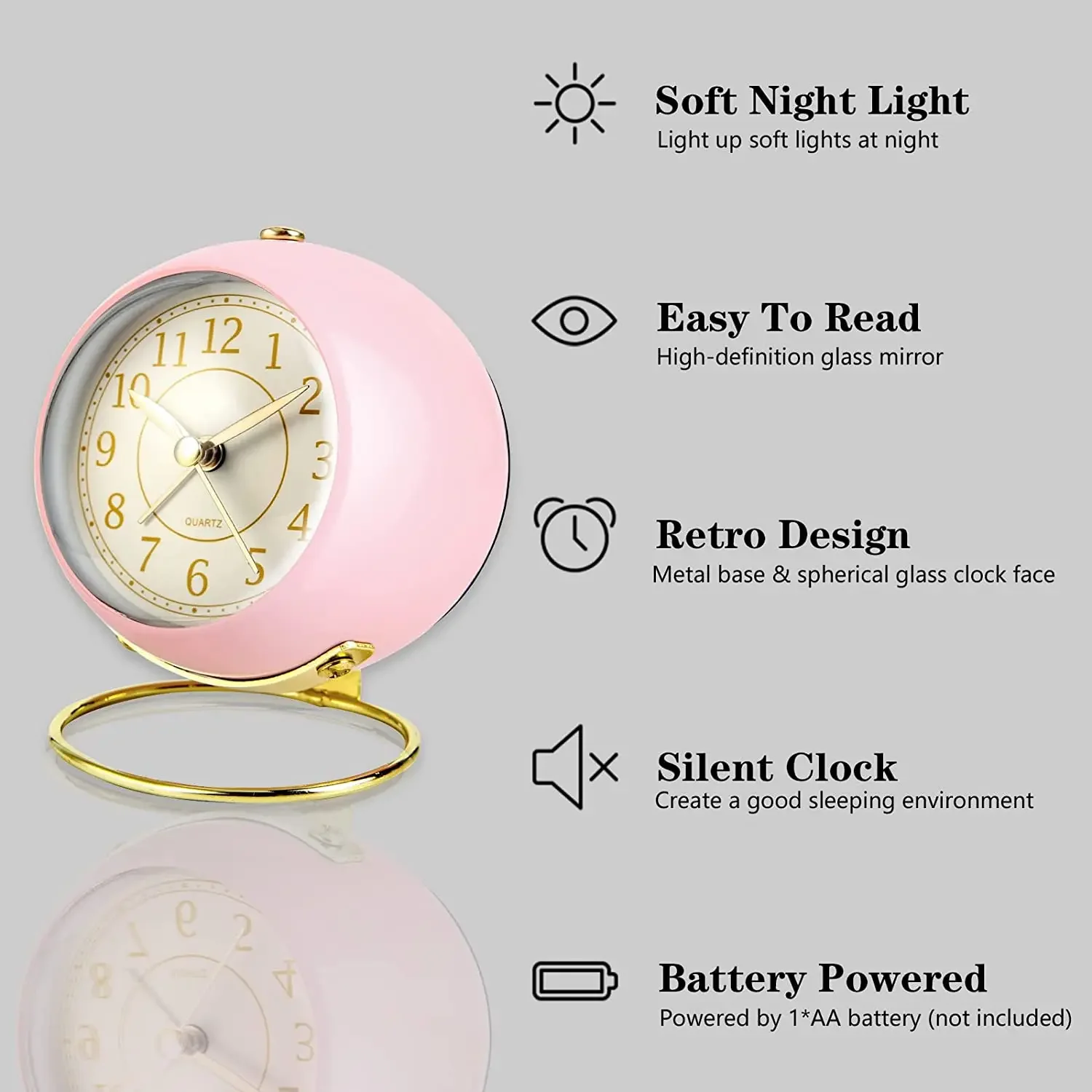 3.5 Inch Small Battery Operated Classic Non-Ticking Silent Cute Desk Table Bedside Quartz Alarm Clock with LED Backlight