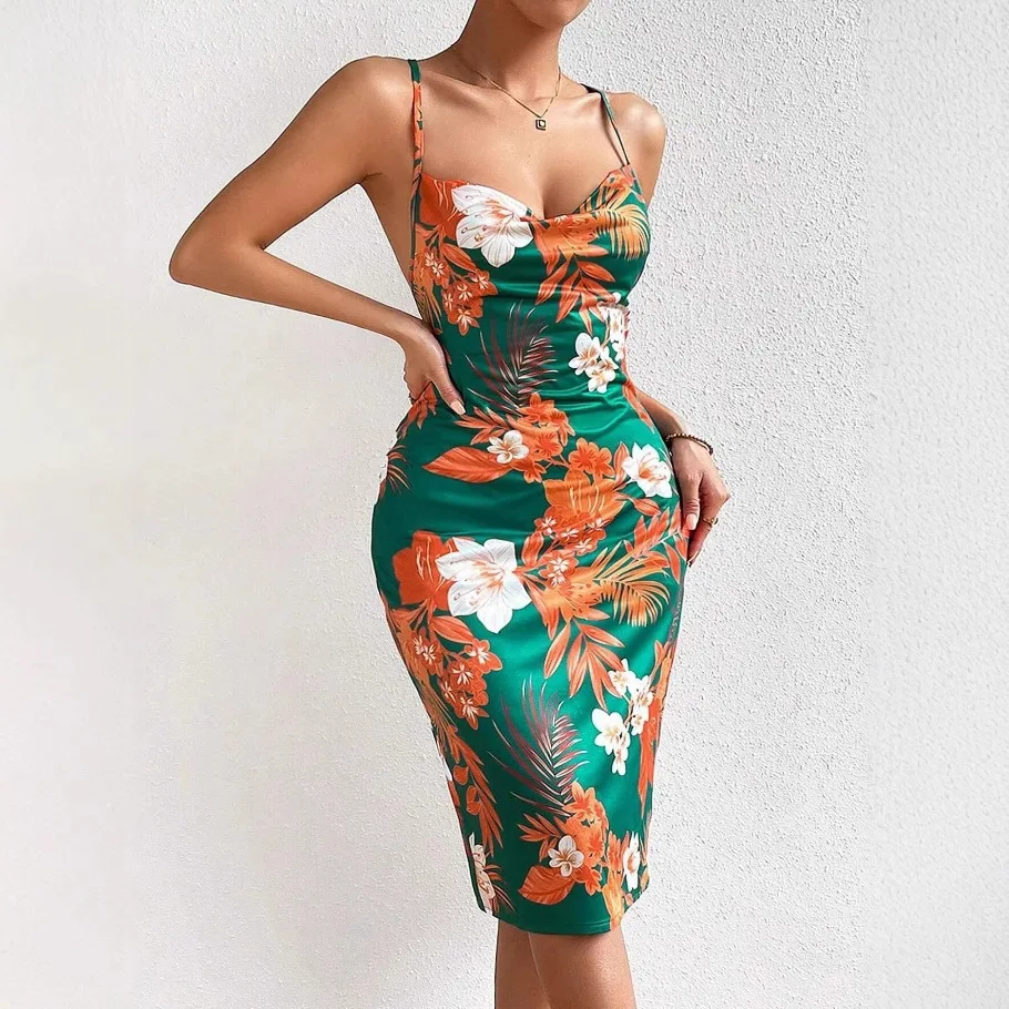 

Summer Sexy Side Slit Dresses For Women 2025 Sleeveless Strap Print Backless Pencil Dress Women Vestidos Personality Robe Femme
