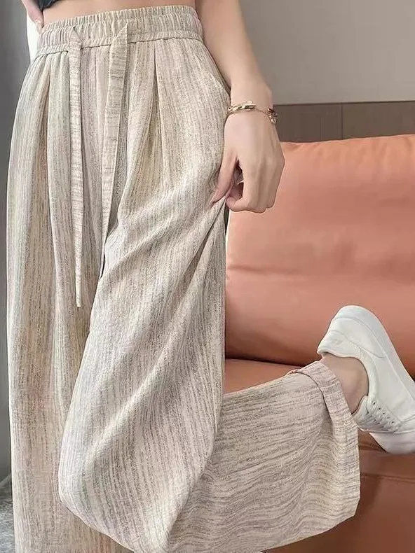 Pantalon à jambes larges en soie glacée pour femmes, drapé, taille haute, droit, décontracté, paresseux, longueur au sol, Cool, été