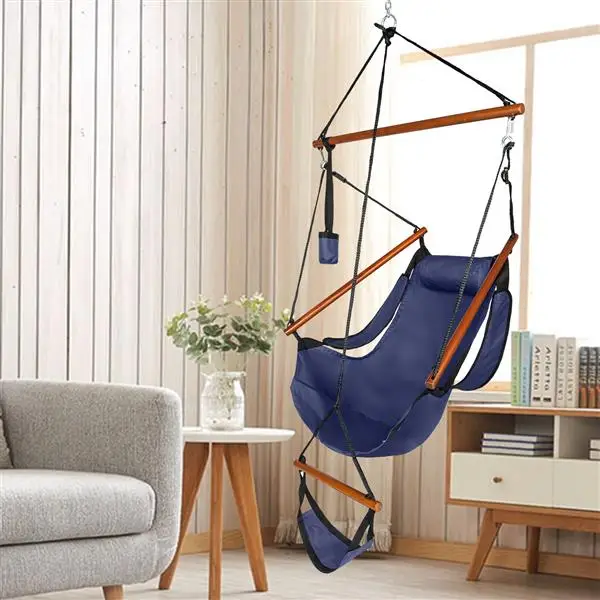 Oxford Cloth Hardwood With Cup Holder Wooden Stick Perforated 100kg Seaside Courtyard Oxford Cloth Hanging Chair Blue