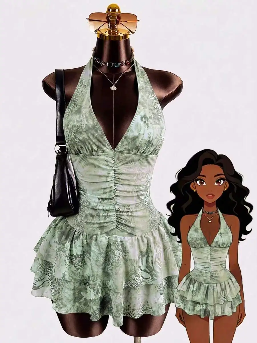 

Womens Halter Ruched Swimdress With Ruffled Hem Animal Print Pattern Summer Beach Festival Outfit