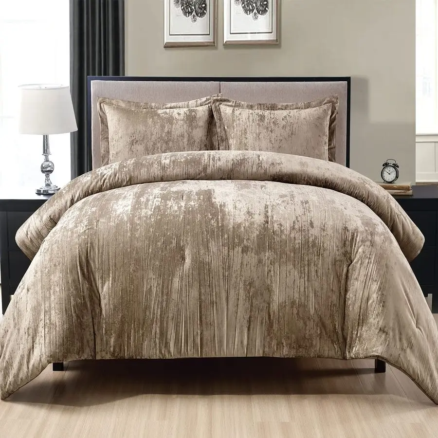 

Crinkle Velvet Comforter Set, 3 Pieces Khaki King, Crinkle Velvet Face and Brushed Microfiber Reverse