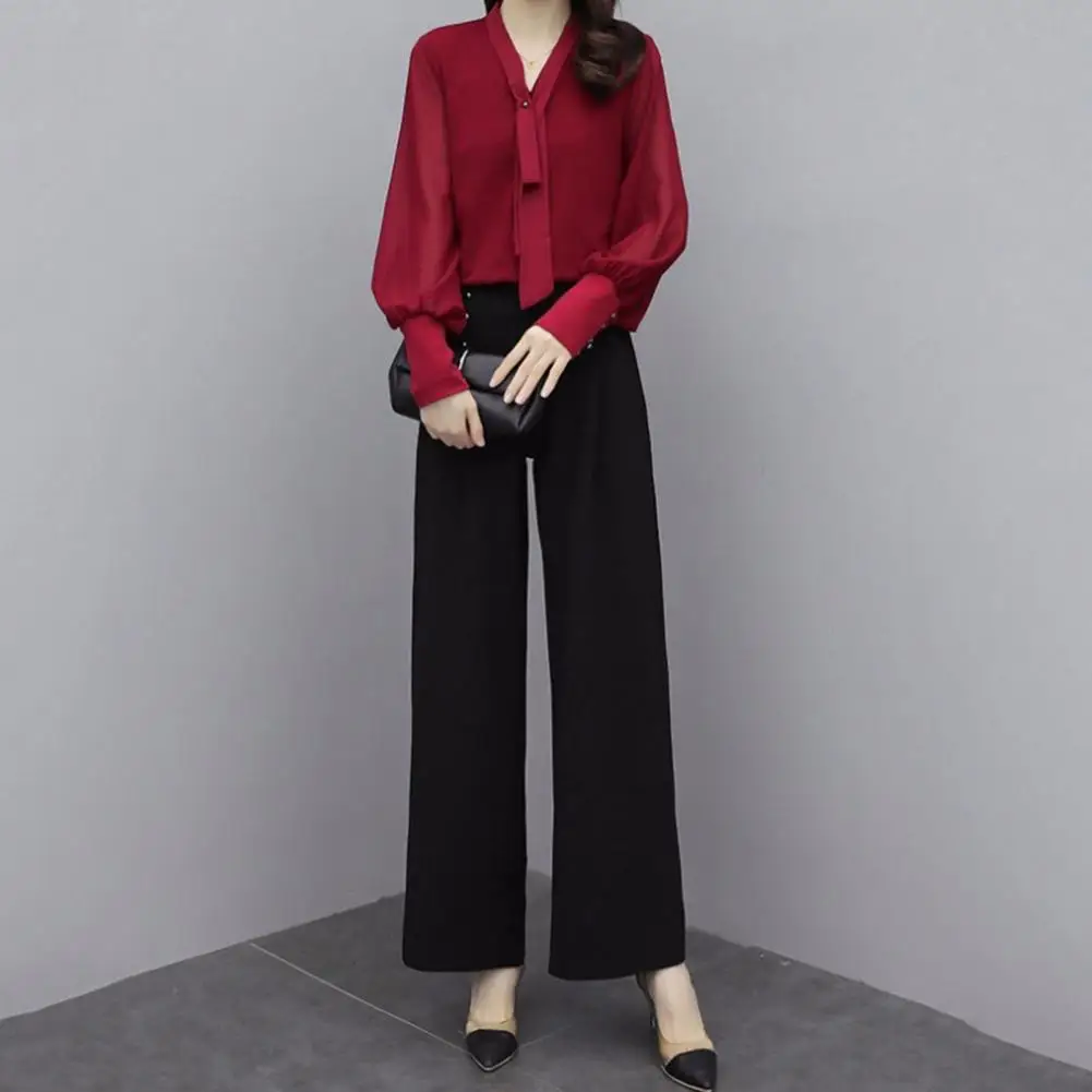 Women Two-piece Set Fall Commuting Outfit Elegant Office Attire Set with V Neck Blouse Wide Leg Trousers Professional for Women