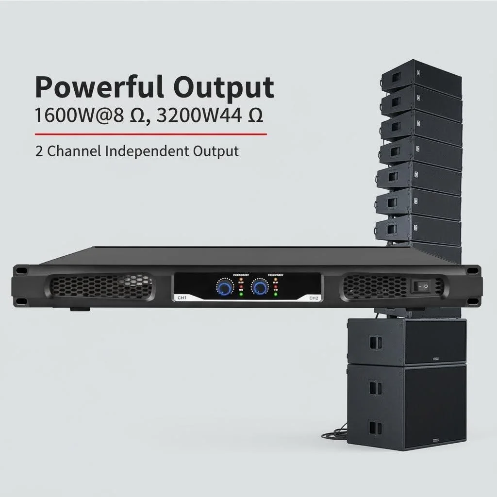 

Двухканальный цифровой усилитель мощности 3200 Вт (4 Ом, 1300 Вт × 2 при 8 Ом), металлический корпус 1U для установки в стойку, для систем PA и акустических систем