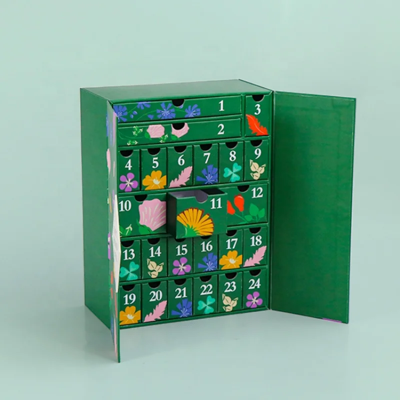 

2025customized.Luxury Green Double Door Custom Empty Advent Calendar Package Drawers Box