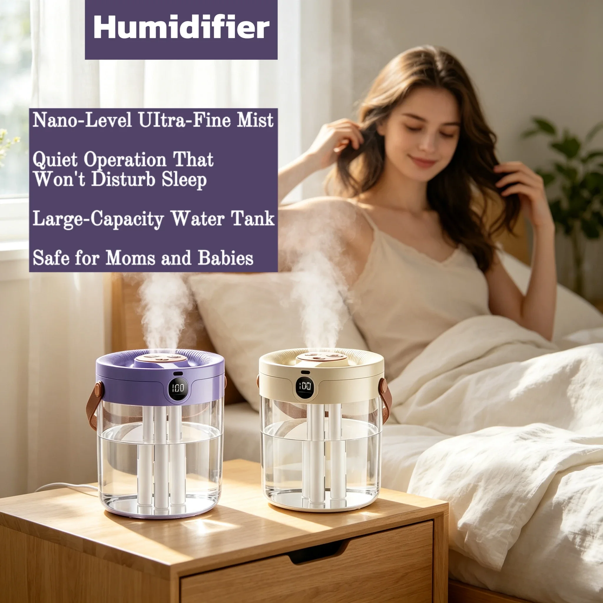 Transparent Water Tank Air Humidifier Nano-level Fine Mist Quiet Sleep Friendly Digital Display for Baby Household Desktop