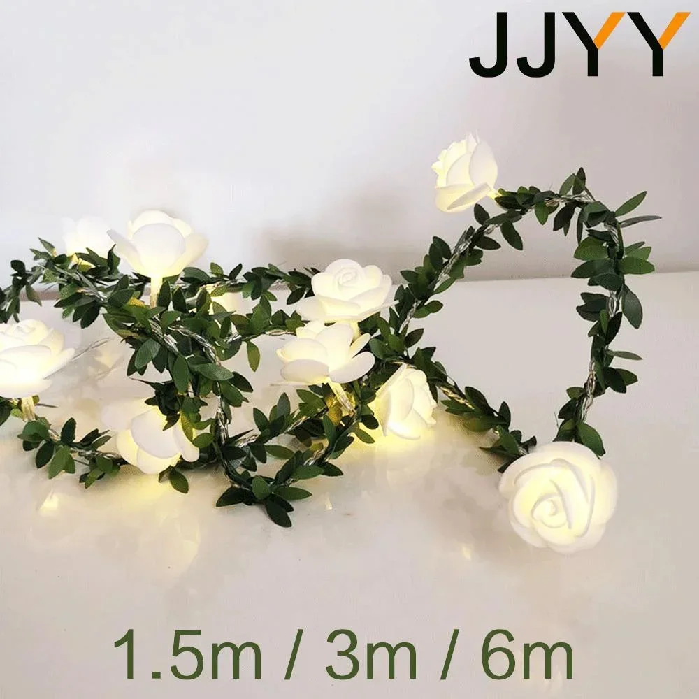 JJYY 1.5M/3M/6M Rattan Around Rose Decoration Lights String Green Leaf Rose Lights Christmas Garden Decoration Lights